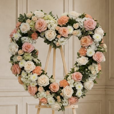Heart-shaped floral wreath of pink, peach, and white blooms on an easel