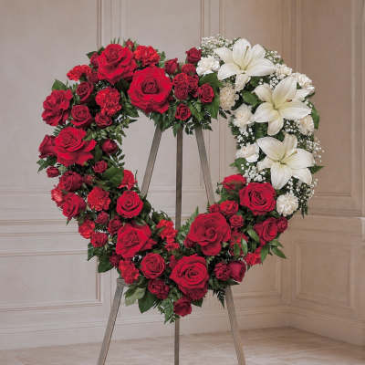 Heart-shaped floral wreath with red roses and white lilies on an easel