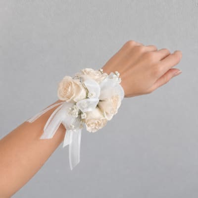 White rose wrist corsage with ribbon ties
