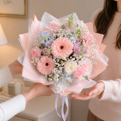 Pastel bouquet of gerbera daisies, roses, and small filler flowers wrapped in pink paper