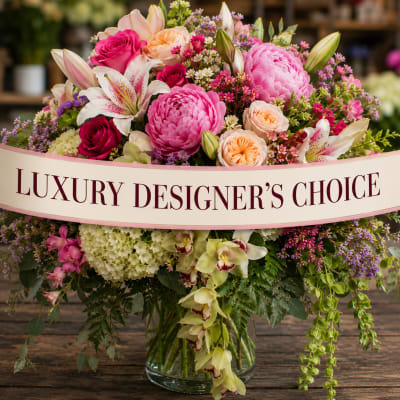 Mixed pink and peach flower bouquet in a glass vase with a designer's choice ribbon