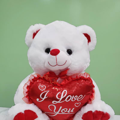 White teddy bear holding a red heart pillow with "I Love You" text