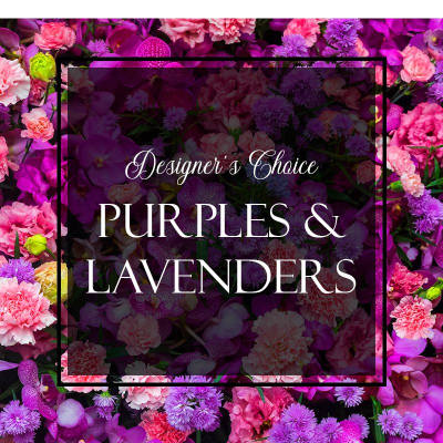 Purple and pink floral arrangement with mixed blooms and text overlay