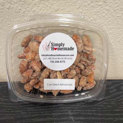 Container of candied almonds with a branded label