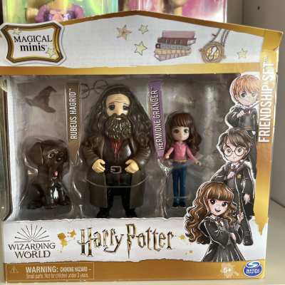 Harry Potter toy set with figures of Hagrid, Hermione, and a dog in a box