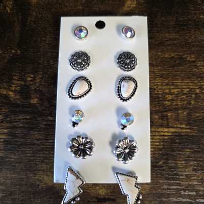 Card of assorted silver-tone stud earrings with faux stone accents