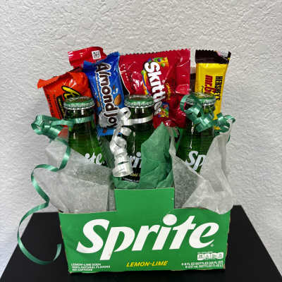 Gift basket with Sprite bottles and assorted candy bars