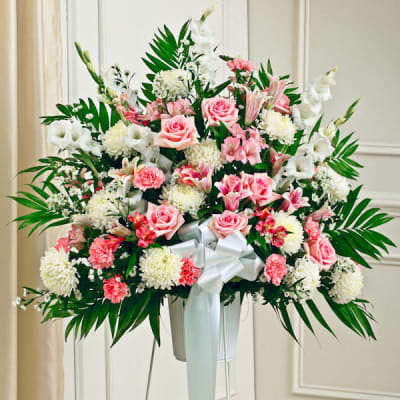 Pink and white standing basket