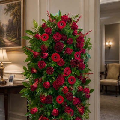 Tall standing floral spray with red roses and gerbera daisies