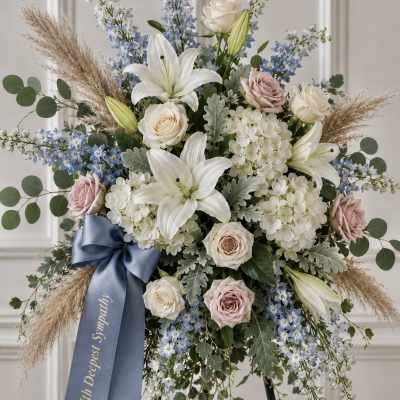 Standing floral spray with white lilies, pale roses, and blue flowers on a ribboned easel