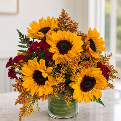 Sunflower and burgundy daisy arrangement in a clear glass vase