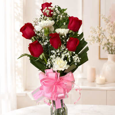 Red roses and white carnations in a glass vase with a pink ribbon