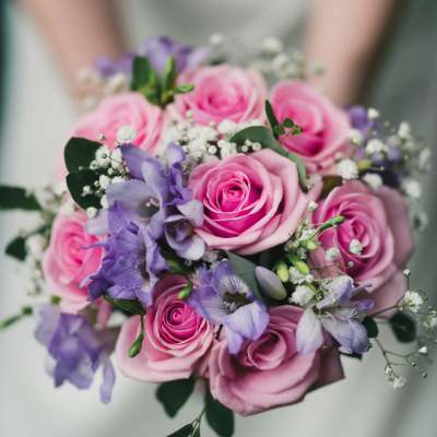 Pink and lavender rose bouquet with baby's breath