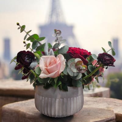 Pink and red roses in a ribbed white vase with eucalyptus