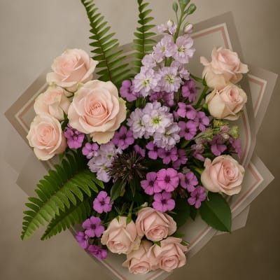 Bouquet of pale pink roses and purple flowers with fern fronds