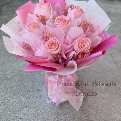 Pink rose bouquet wrapped in layered pink and white paper