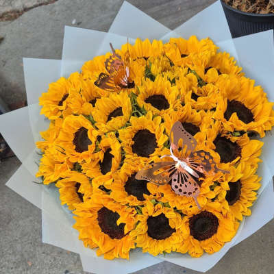 Bouquet of yellow sunflowers wrapped in pale paper with butterfly picks