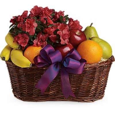 Wicker basket filled with red flowering plant, assorted fresh fruit, and a purple ribbon bow