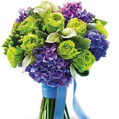 Hand-tied bouquet of green roses, purple hydrangeas, and white calla lilies with blue ribbon