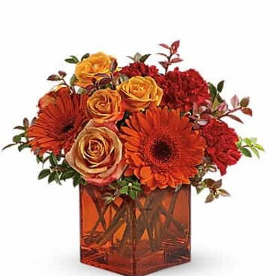 Compact arrangement of orange gerberas, roses, and red carnations in an orange glass cube vase
