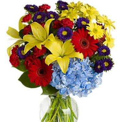 Bright mixed bouquet with yellow lilies, red gerbera daisies, blue hydrangea and purple asters in a clear glass vase