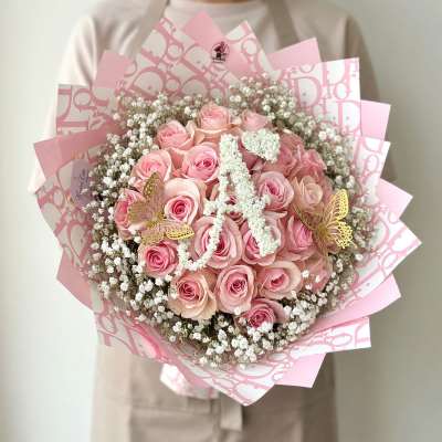 Initial Letter Pink Rose Bouquet with Baby Breath Rim