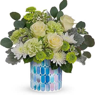 Cream roses and green-white mums in a blue mosaic vase