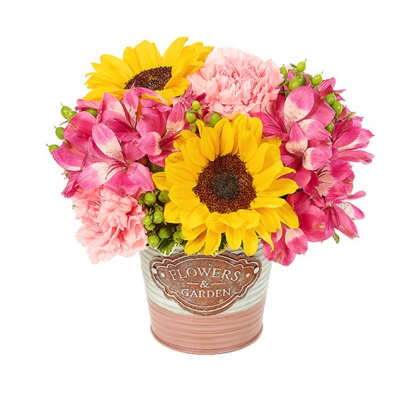 Pink alstroemeria and yellow sunflowers in a metal container