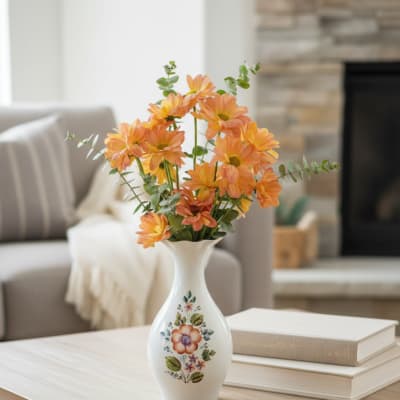 Orange daisy bouquet in a white floral vase on a table