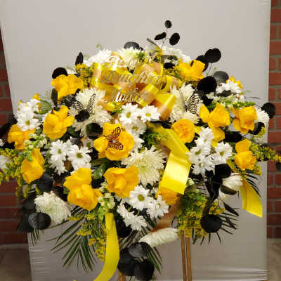 Yellow, white and black Casket