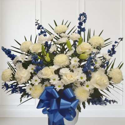 Blue and white floor basket