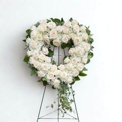 Heart-shaped white rose wreath on a standing easel with trailing ivy