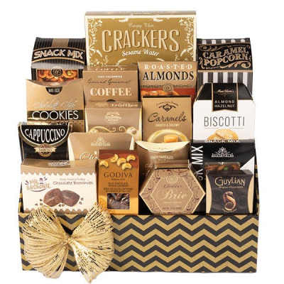 Gift basket filled with assorted snack and candy boxes