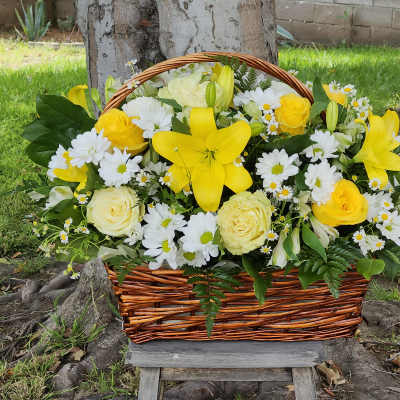 Basket arrangement of yellow lilies, roses, and white daisies