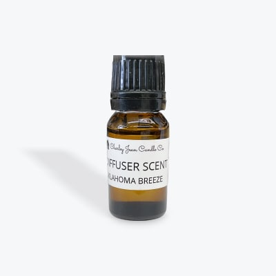 Small amber bottle of diffuser scent with a black cap and label