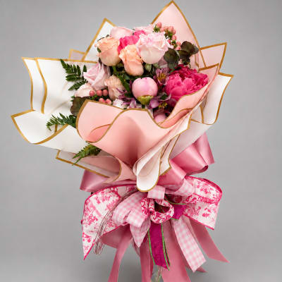 Pink and peach rose bouquet wrapped in layered pink paper with ribbons