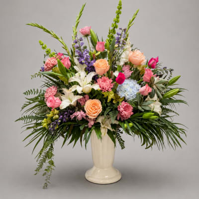 Large mixed flower arrangement in a white pedestal vase