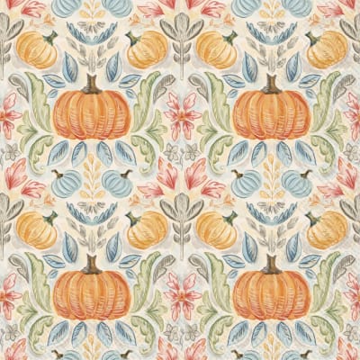 Patterned fabric with pumpkins and autumn leaves in soft pastel colors