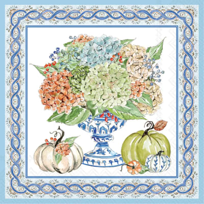 Watercolor floral arrangement in a blue pedestal vase with pumpkins around it