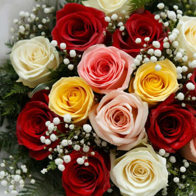 Dozen Roses Wrapped with Baby's Breath