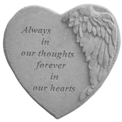 Heart-shaped memorial plaque with angel wings and the words "Always in our thoughts forever in our hearts"