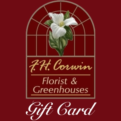 Gift card with a florist logo and white flower on a red background