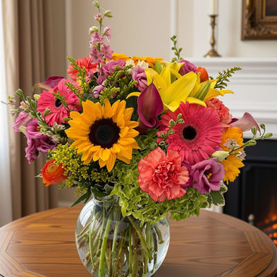 Colorful mixed bouquet with sunflowers, gerbera daisies, and lilies in a glass vase