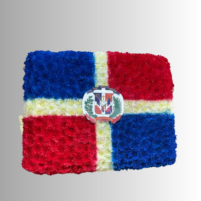 Floral arrangement shaped like the Dominican Republic flag with a crest in the center