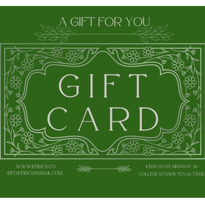 Green gift card with decorative floral border and large "GIFT CARD" text