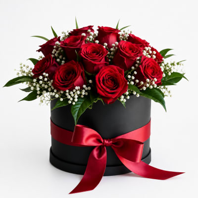 Red roses arranged in a black round box with a red ribbon