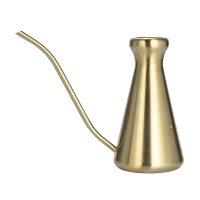 Gold metal watering can with a long curved spout