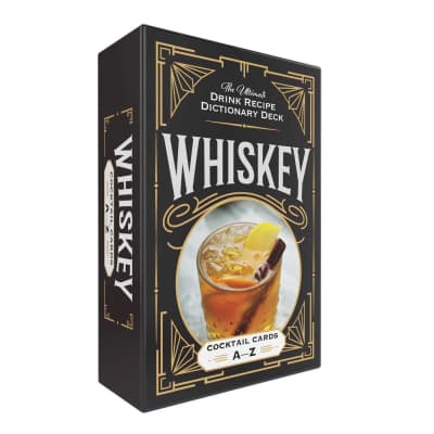 Black whiskey cocktail recipe card box with gold accents