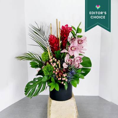 Tropical arrangement with pink orchids and red ginger in a black pot