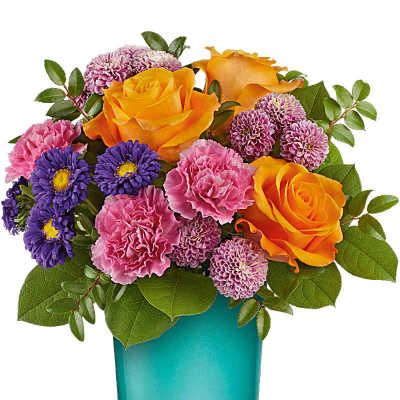 Bouquet of orange roses, pink carnations, and purple daisies in a turquoise vase